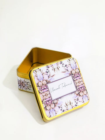 Square Tin Box ( Purple Floral )  - Umrah/Hajj Tabarruk (125g)