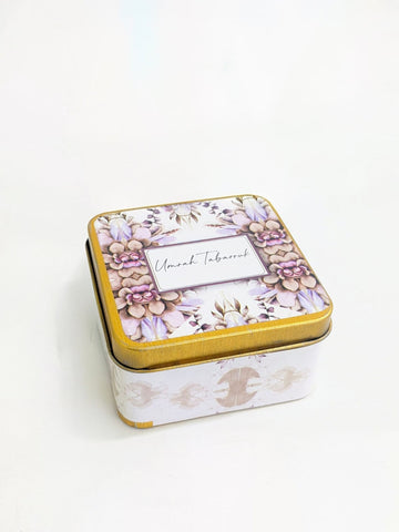 Square Tin Box ( Purple Floral )  - Umrah/Hajj Tabarruk (125g)