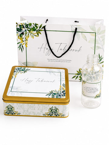 Large Green Floral Set (1 Kg Square Tin & 250ml Bottle) - Tabarruk Packaging