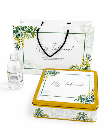 Large Green Floral Set (1 Kg Square Tin & 125 ml Bottle) - Tabarruk Packaging