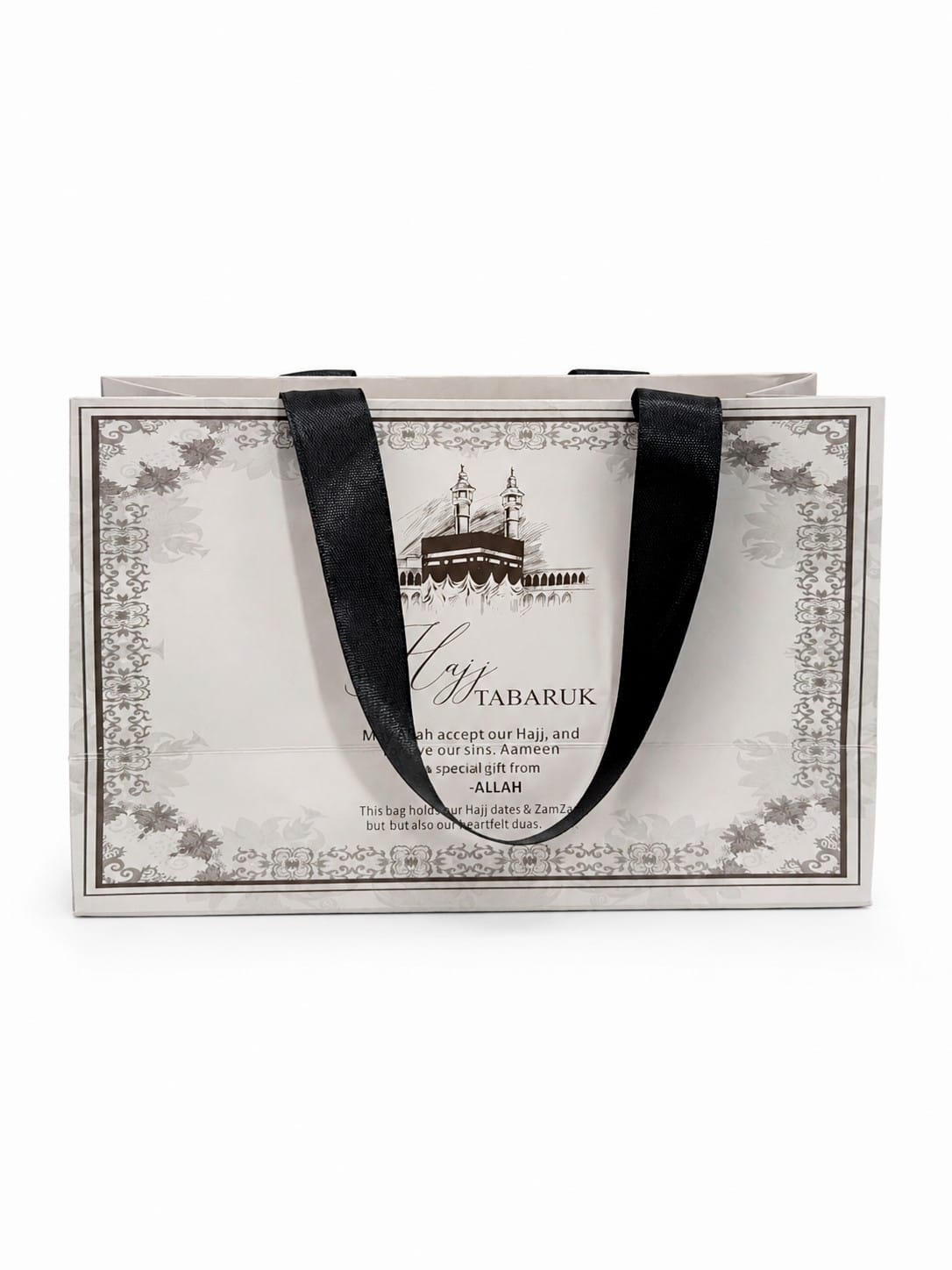 Medium Handle Bag ( Gray Floral ) - Umrah / Hajj Tabarruk Packaging
