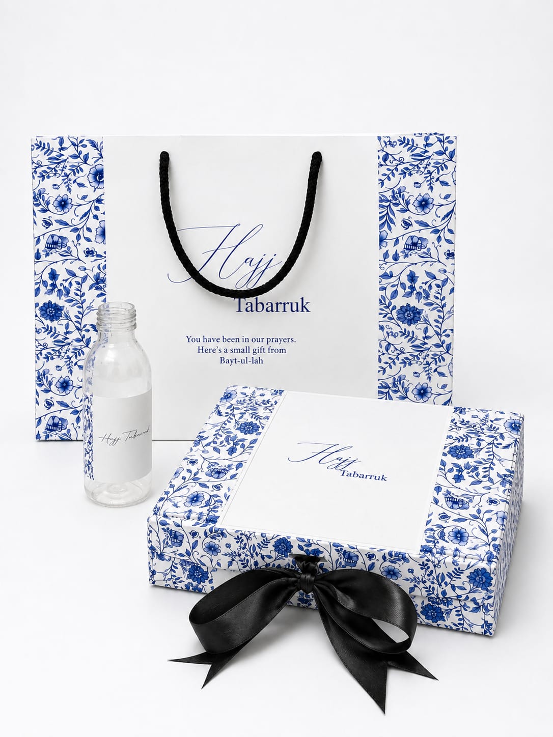 Large Set with Rigid Box & 120ml Bottle (Blue Elegant) - Umrah/Hajj Tabarruk Packaging