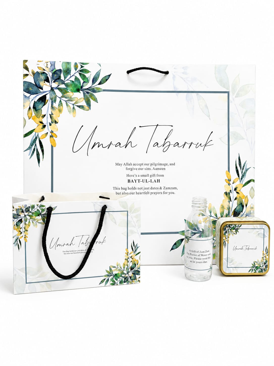 Extra Large Green Floral 4 in 1 - (with Small Set - Hand Bag Style and Square Tin)- Umrah / Hajj Tabarruk Packaging