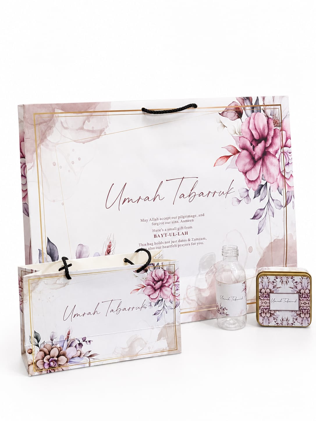 Extra Large Purple Floral 4 in 1 - (with Small Set - Hand Bag Style and Square Tin)- Umrah / Hajj Tabarruk Packaging (Copy)