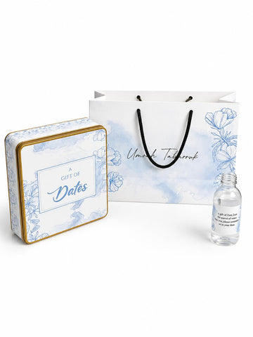 Large Light Blue Set (1 Kg Square Tin & 125 ml Bottle) - Tabarruk Packaging