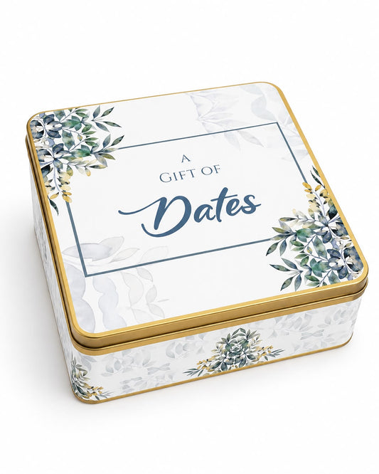 1 Kg Square Tin Box (Green Floral)  - Umrah / Hajj Tabarruk Packaging