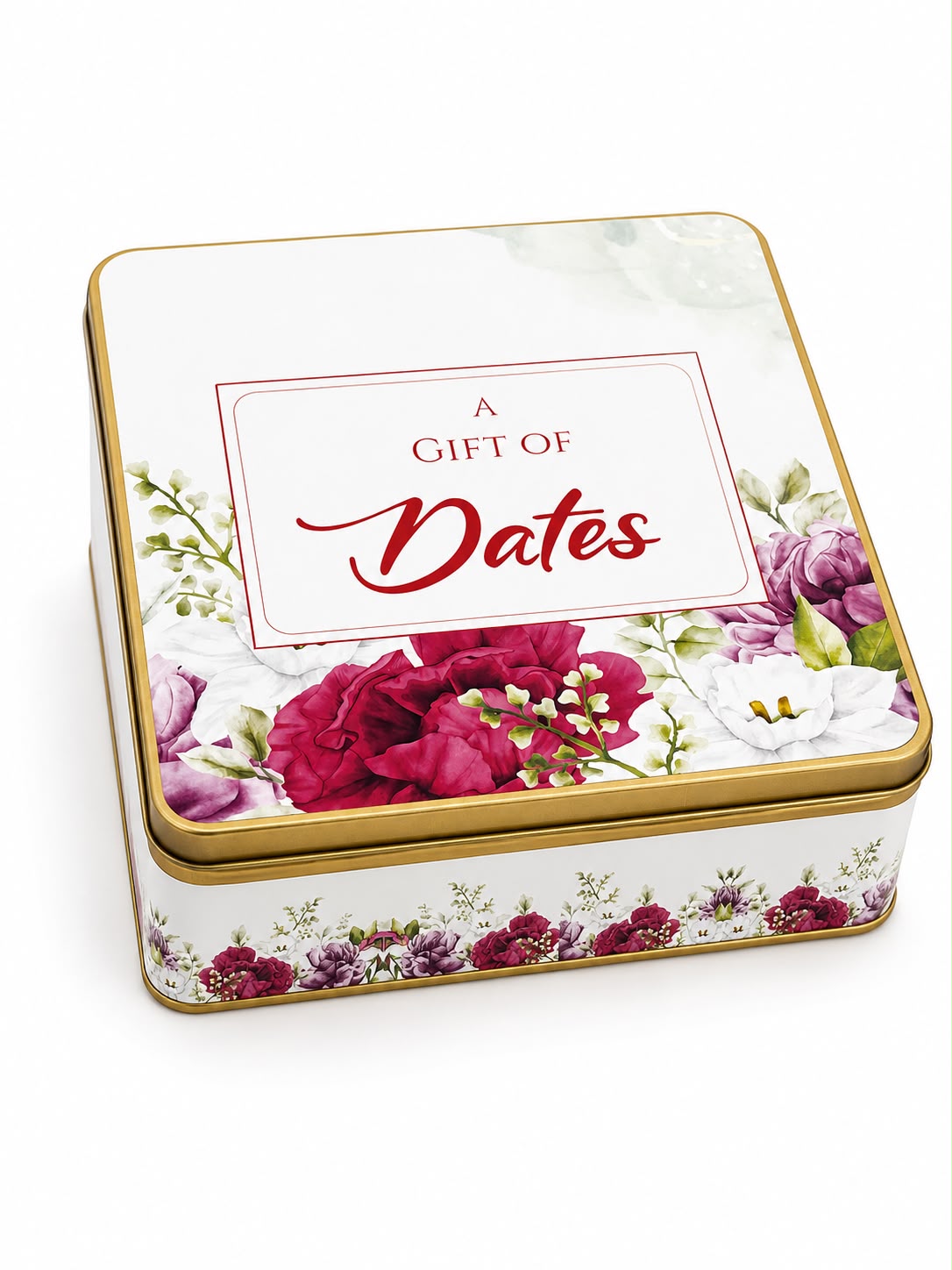 1 Kg Square Tin Box (Red Floral)  - Umrah / Hajj Tabarruk Packaging