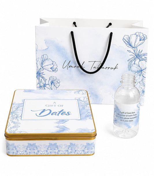 Large Light Blue Set (1 Kg Square Tin & 250ml Bottle) - Tabarruk Packaging