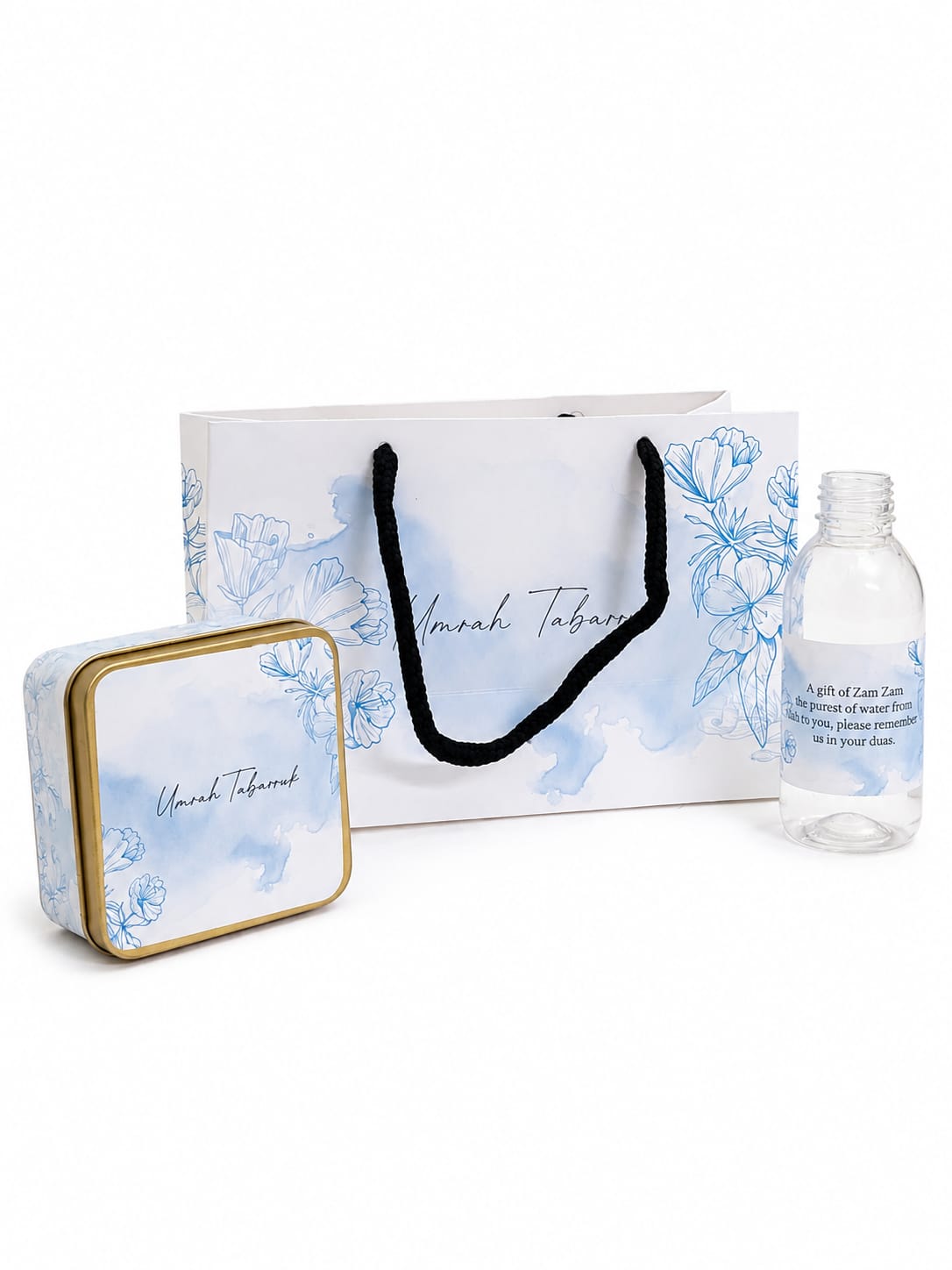 Small Set - Square Tin( Hand Bag Style - Light Blue ) - Umrah / Hajj Tabarruk Packaging