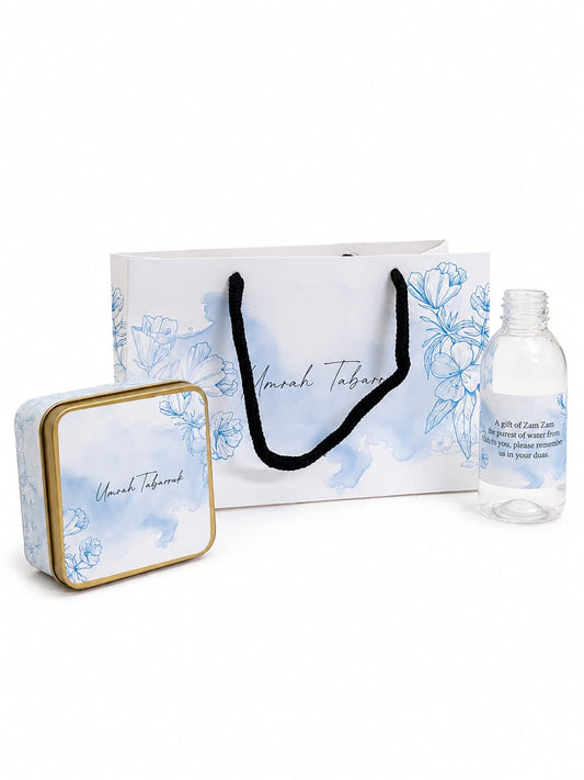 Small Set - Square Tin( Hand Bag Style - Light Blue ) - Umrah / Hajj Tabarruk Packaging