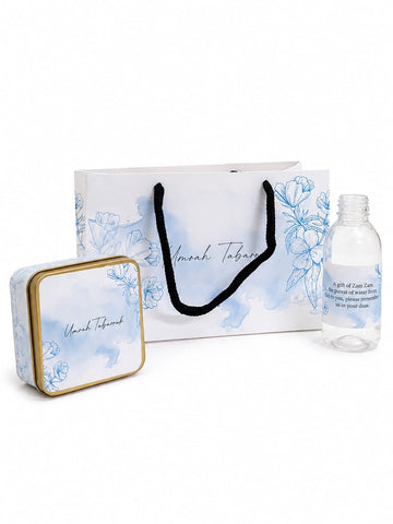 Small Set - Square Tin( Hand Bag Style - Light Blue ) - Umrah / Hajj Tabarruk Packaging