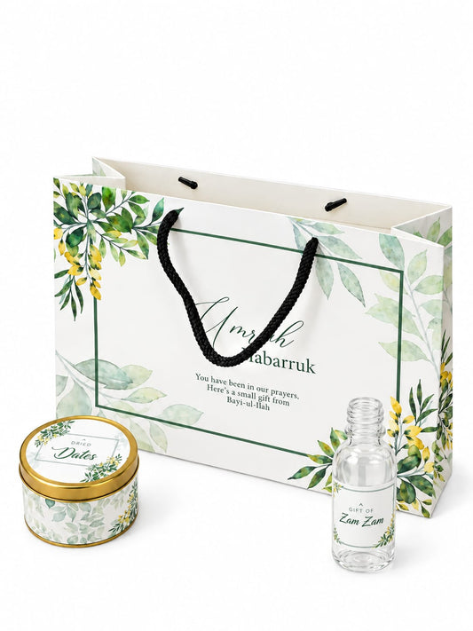Large Green Floral Set (with small Tin Box 125g) - Umrah / Hajj Tabarruk Packaging