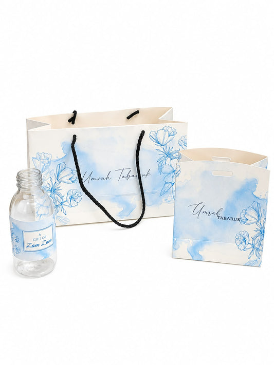 Medium Set Blue Floral - (Hand Bag Style with Pouch)- Umrah / Hajj Tabarruk Packaging
