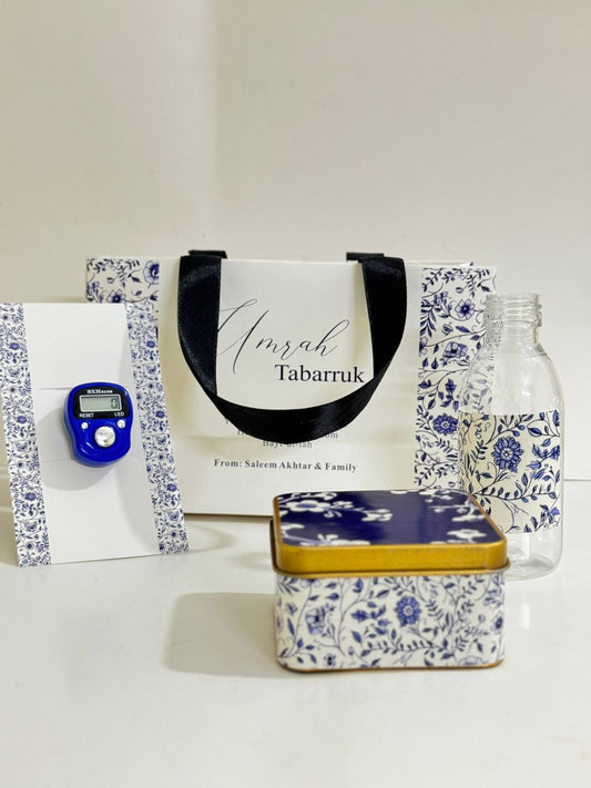 Small Set Blue Elegant- Square Tin With Digital Tasbeeh( Hand Bag Style ) - Umrah / Hajj Tabarruk Packaging