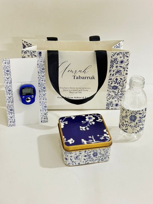 Small Set Blue Elegant- Square Tin With Digital Tasbeeh( Hand Bag Style ) - Umrah / Hajj Tabarruk Packaging