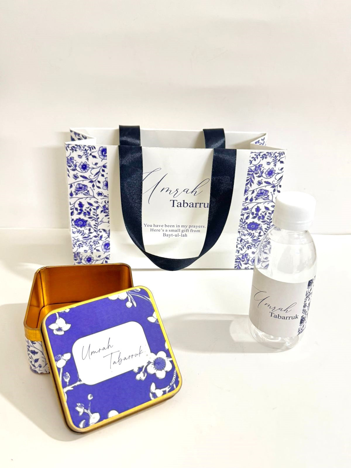 Small Set - Square Tin( Hand Bag Style - Elegant Blue ) - Umrah / Hajj Tabarruk Packaging