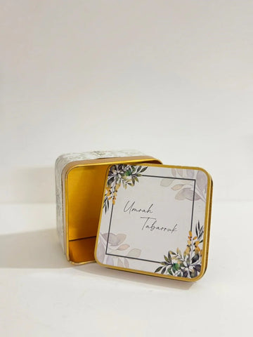Square Tin Box ( Green Floral )  - Umrah/Hajj Tabarruk (125g)