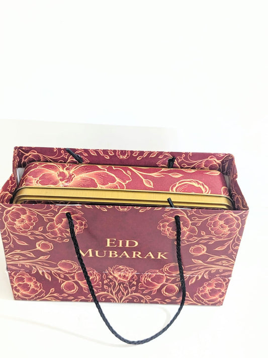 Eid Mubarak Set (Tin Box & Bag )- Half KG Rectangular Tin (Maroon/ Mehroon/ Red Floral) - Pack Of 6
