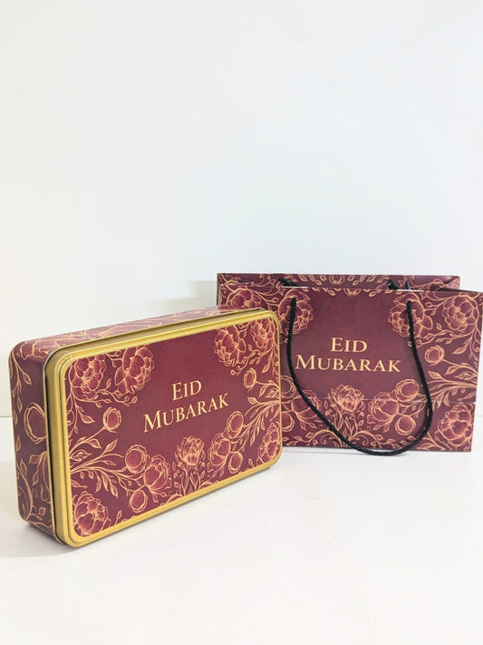 Eid Mubarak Set (Tin Box & Bag )- Half KG Rectangular Tin (Maroon/ Mehroon/ Red Floral) - Pack Of 6
