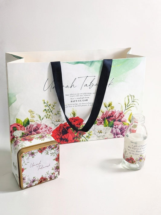 Large Red Floral Set (with Square 125g tin box) - Umrah / Hajj Tabarruk Packaging