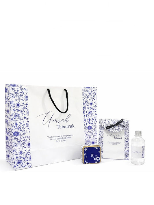 Extra Large Elegant Blue 4 in 1 - (with Small Set - Square Tin & 240ml Bottle)- Umrah / Hajj Tabarruk Packaging
